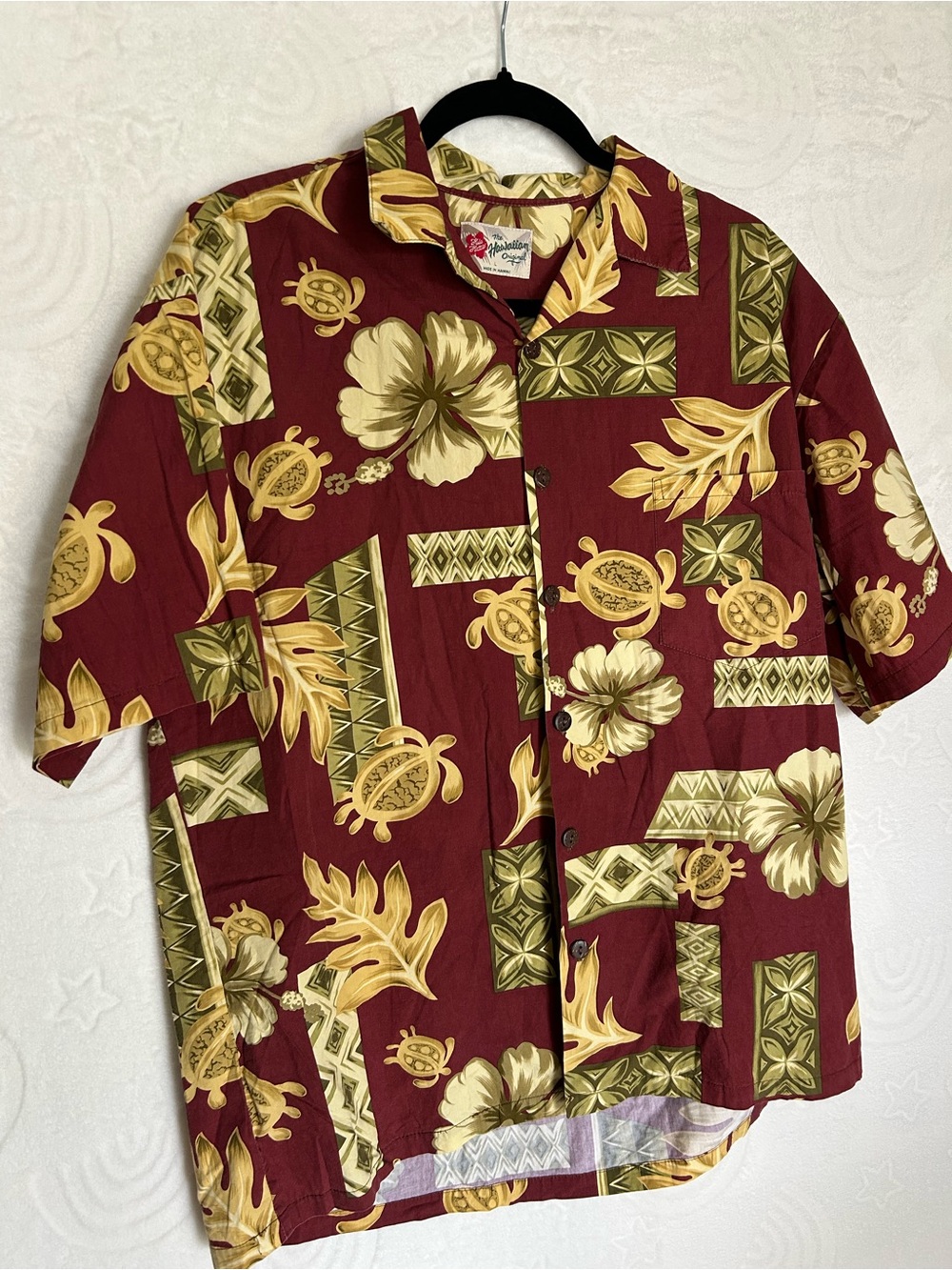 Vintage Tropical Button-Up Shirt in Burgundy & Mustard